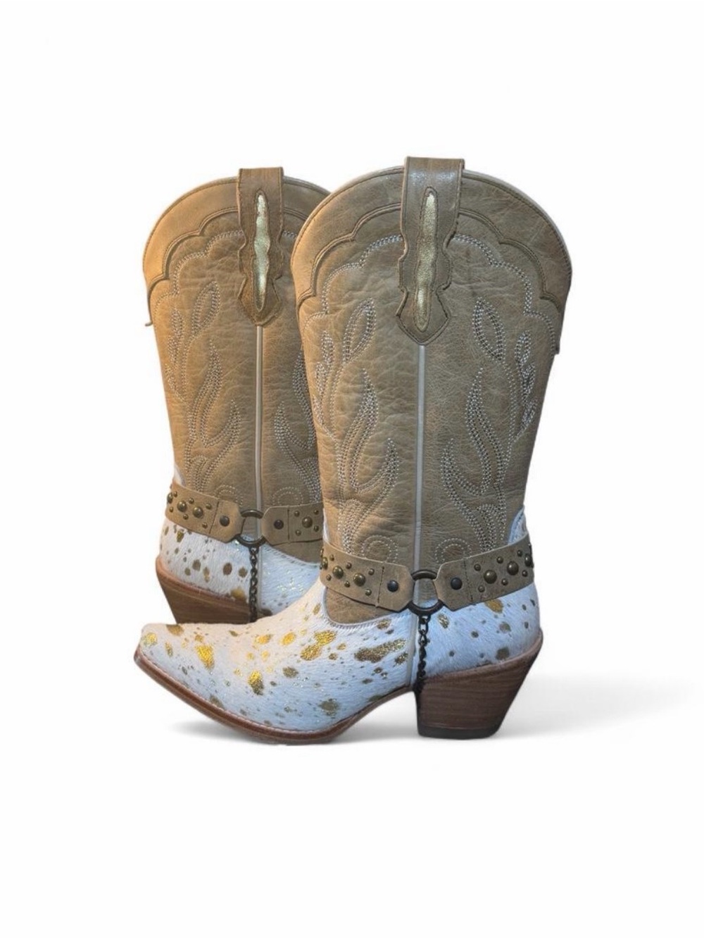 Idyllwind Tamara Western Boots 7.5 Gold Hair On Hide Snip Toe Harness EUC